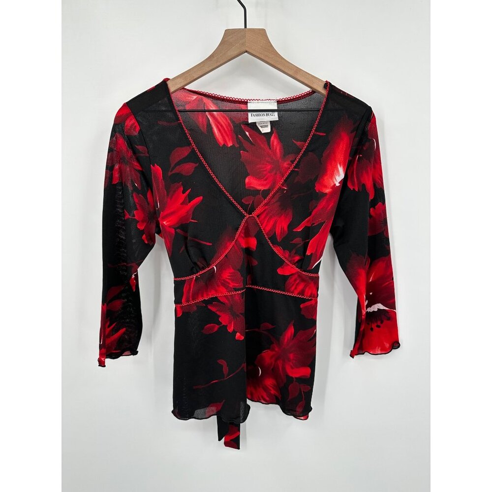 Fashion Bug Babydoll Top Women M Black Red Floral 90s Y2k Fairy Grunge Whimsy